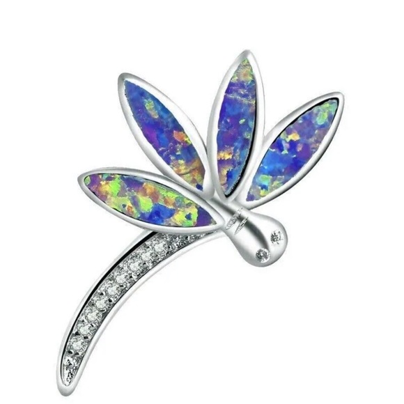 Fashion Silver Animal Dragonfly Lab Blue Simulé Opal Collier Pendent - Picture 6 of 6